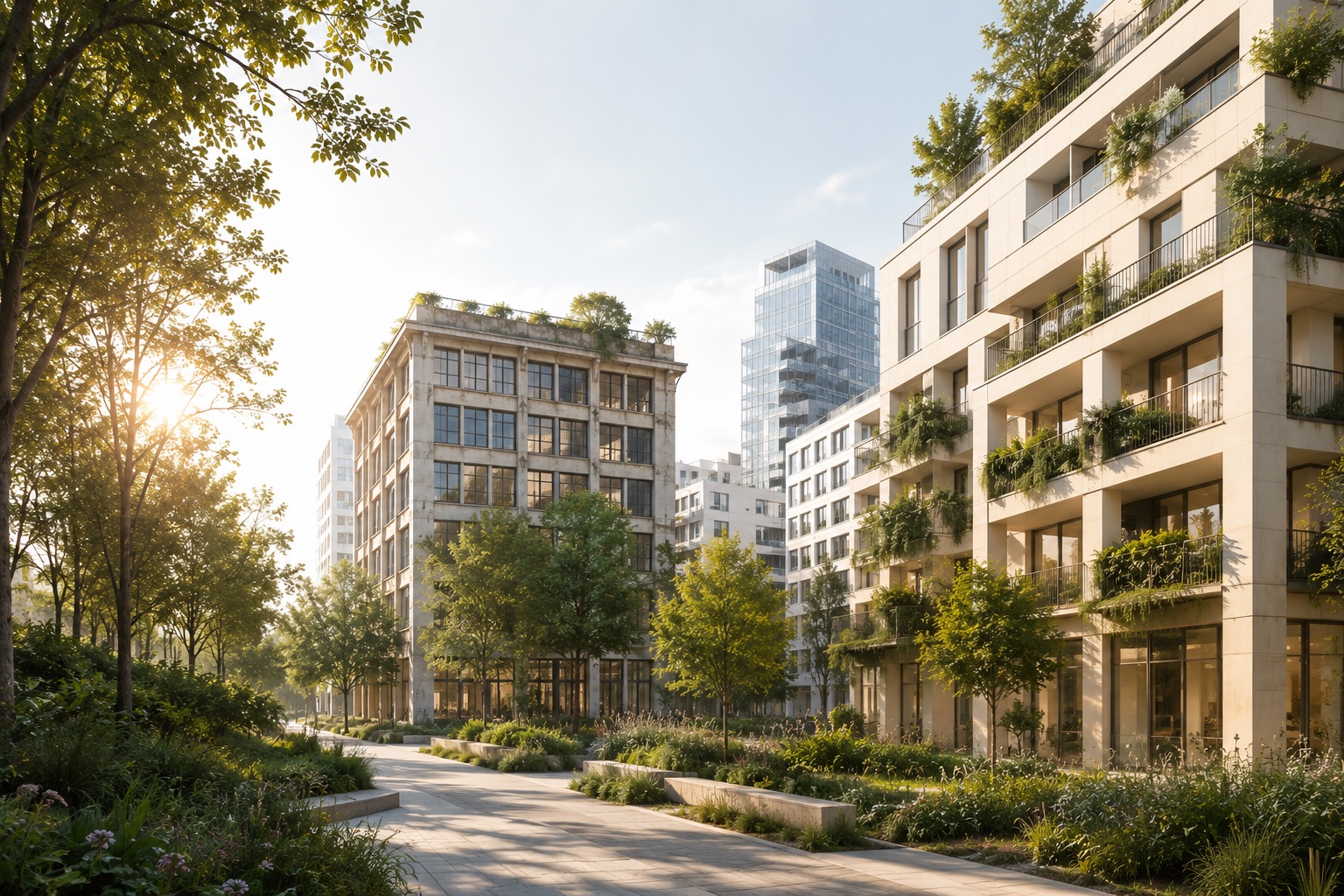 Ancien immeuble tertiaire transformé en logements, cœur d'îlot végétalisé