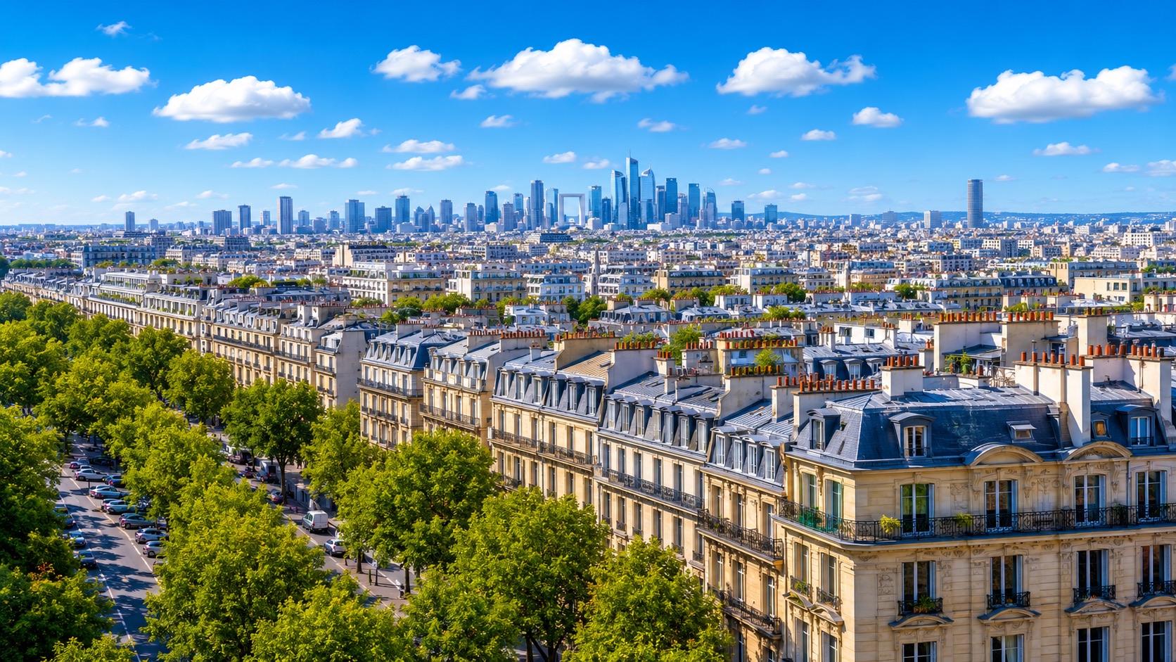 Toits haussmanniens de Paris avec les tours de La Défense à l'horizon